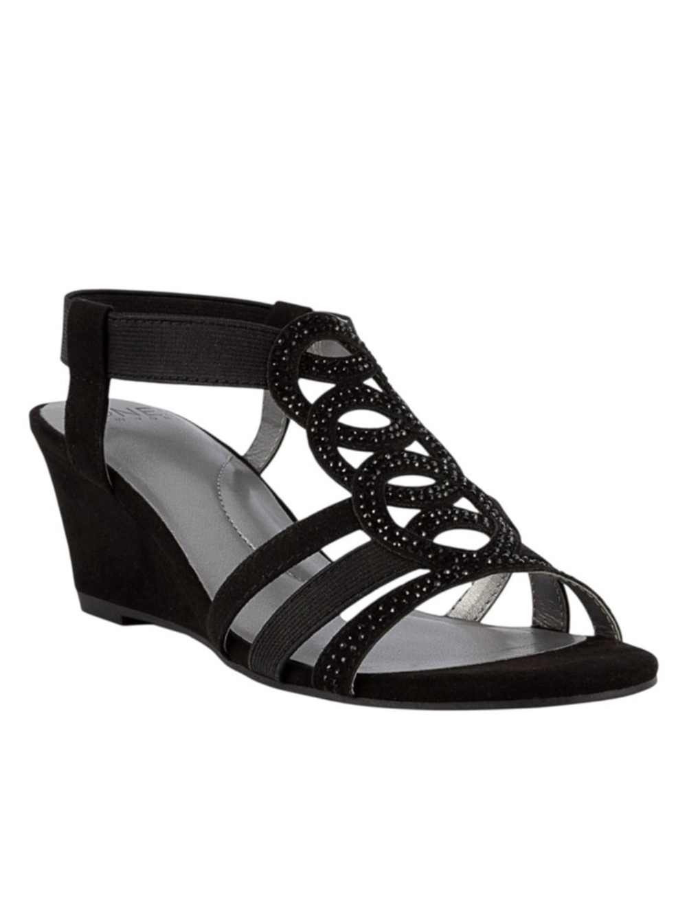 Jones New York Denice Embellished Strappy Wedge Sandal Elastic Ankle Black 8 NEW
